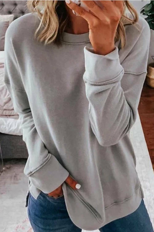 Casual Round Neck Loose Solid Color Long Sleeve T-Shirt