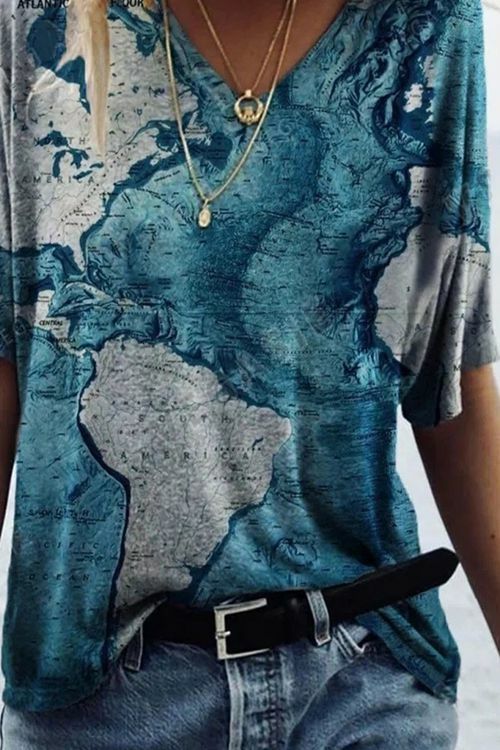 Casual Short Sleeve Printed Map Tees T-shirt