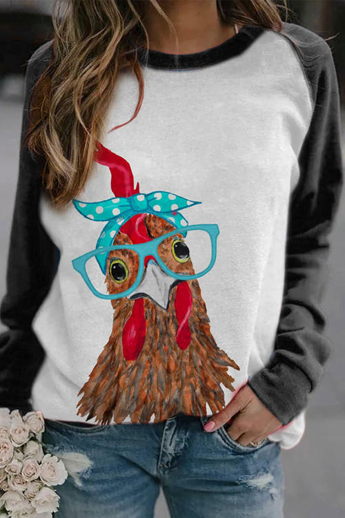 Chicken Animal Print Round Neck Long Sleeve T-Shirt