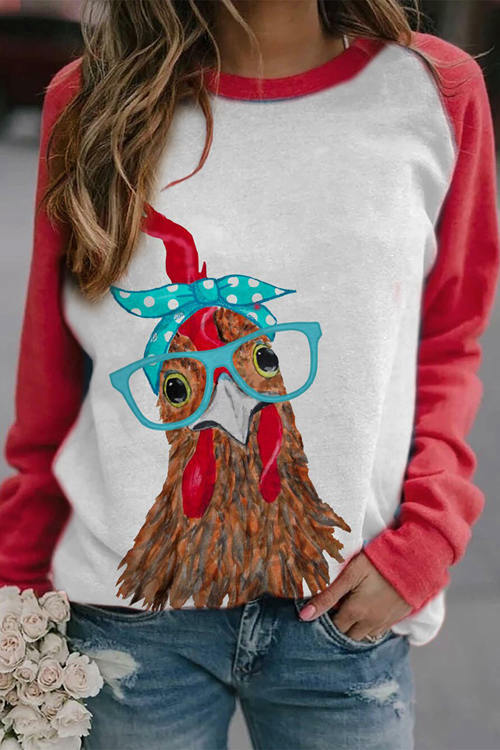 Chicken Animal Print Round Neck Long Sleeve T-Shirt