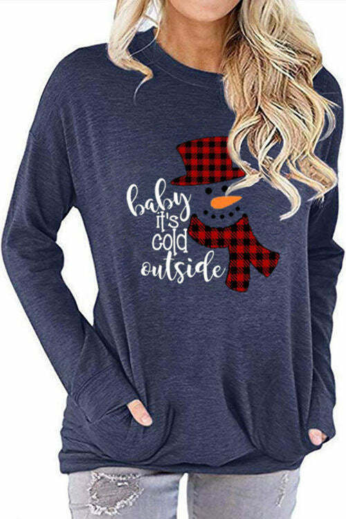 Checkered Stitching Christmas Snowman Print Long Sleeve T-Shirt