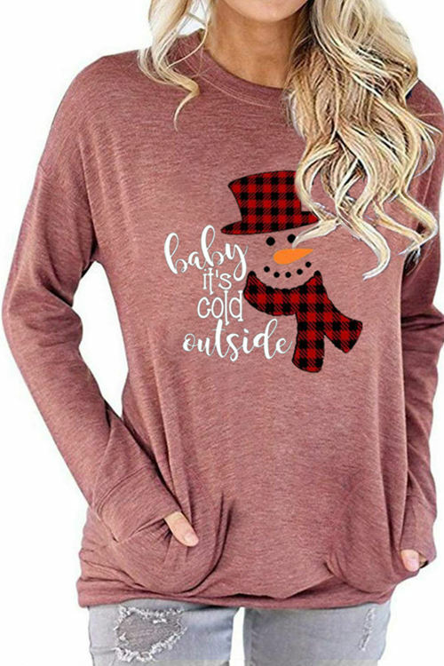 Checkered Stitching Christmas Snowman Print Long Sleeve T-Shirt