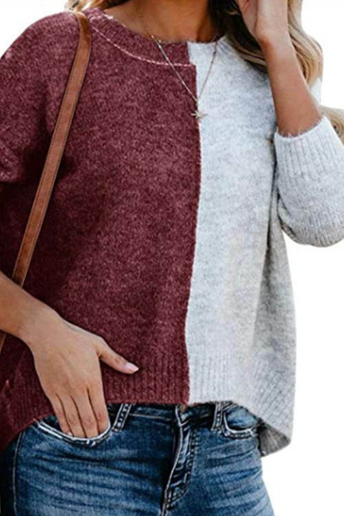 Color Block Round Neck Pullover Sweater