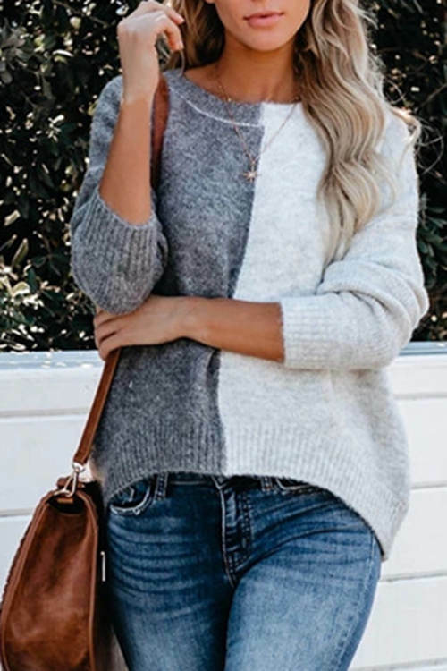 Color Block Round Neck Pullover Sweater