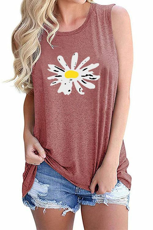 Crew Neck Snleeveless T-Shirt With Small Daisy Print