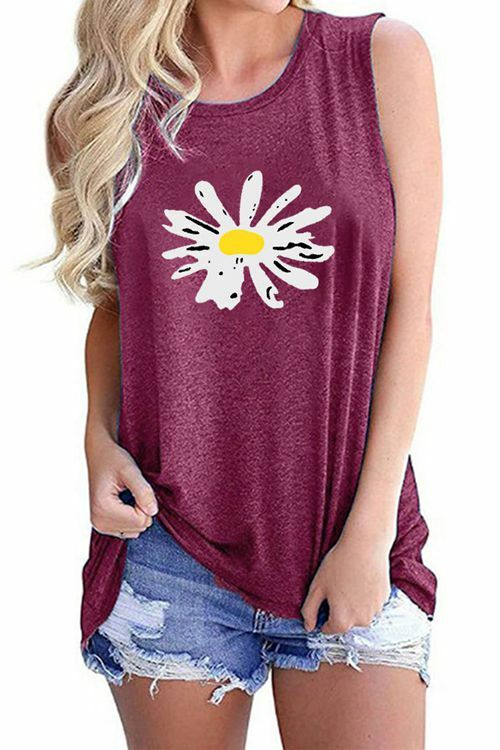 Crew Neck Snleeveless T-Shirt With Small Daisy Print