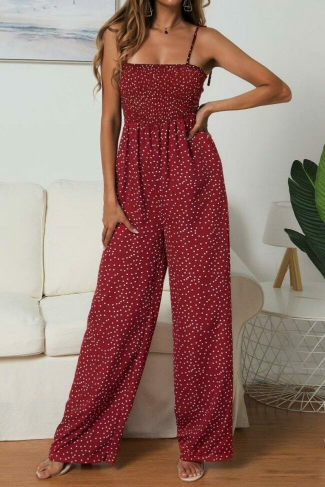 Dot Printed Wine Red One-piece Jumpsuit