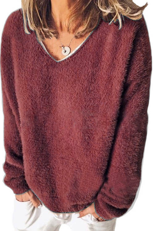 Fleece V-Neck Long-Sleeved Loose Sweater