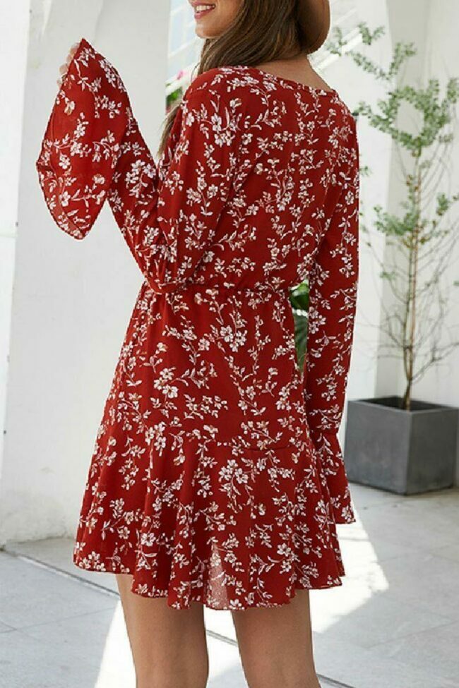 Floral Red Knee Length Mini Dress