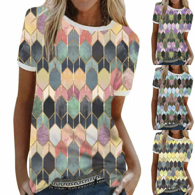 Geometric Pattern Printed Rpound Nreck Short-Sleeved T-Shirt Women