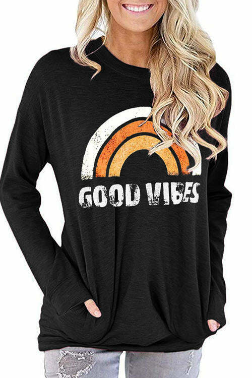 GOOD VIBES Letter Print Loose Round Neck Long Sleeve T-Shirt