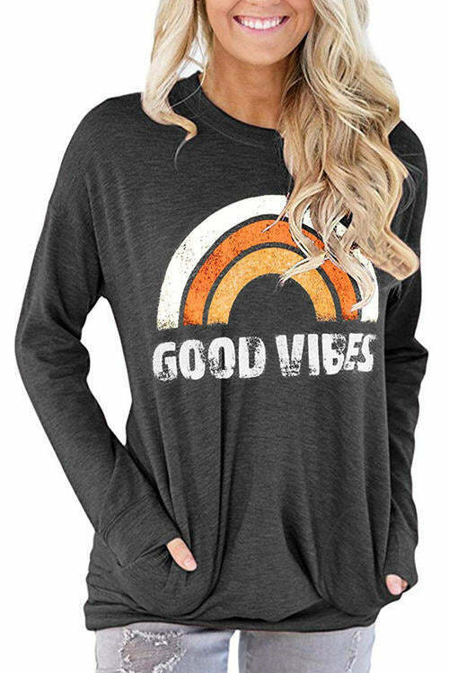 GOOD VIBES Letter Print Loose Round Neck Long Sleeve T-Shirt