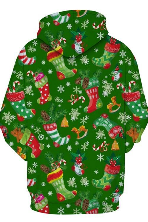 Green Christmas Gift Print Long Sleeve Hoodie