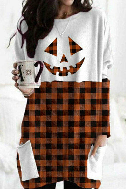 Halloween Pumpkin Face Check Print Pocket T-Shirt
