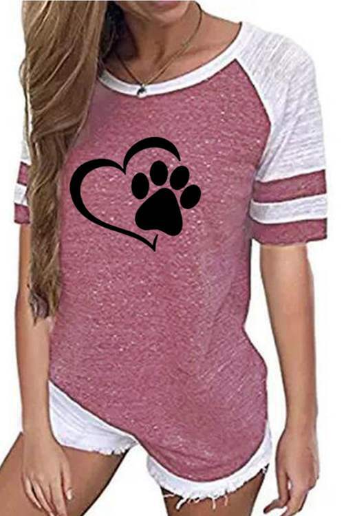 Heart Print Contrast Stripe Short Sleeve T-Shirt