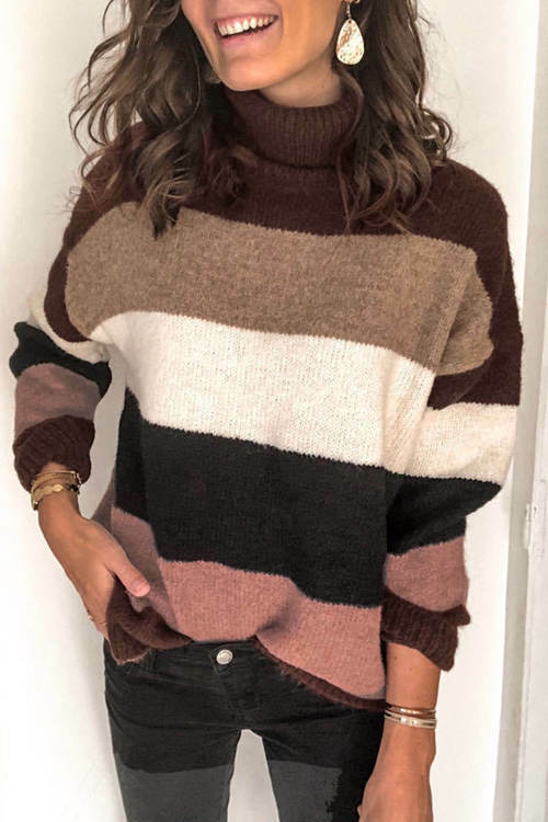 High Neck Stitching Striped Sweater