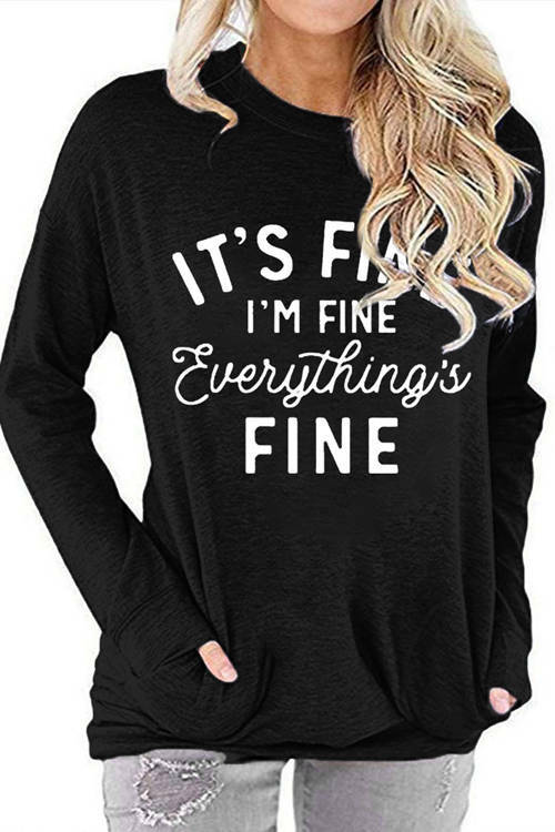 IT'S FINE Letter Print Loose Round Neck Long Sleeve T-Shirt