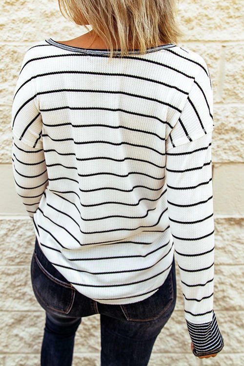 Knitted Striped Button Long Sleeve T-Shirt