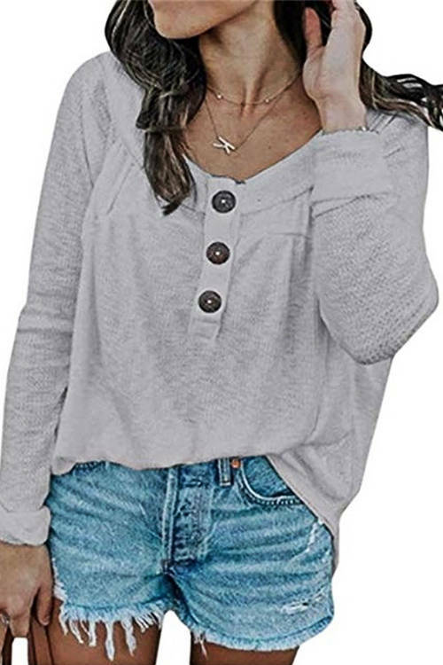 Knitted Round-Neck Button T-Shirt