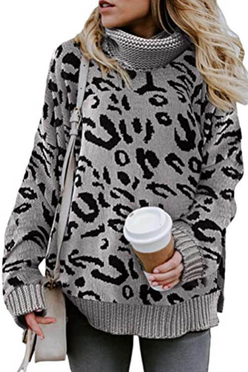 Leopard Print Turtleneck Knitted Sweater