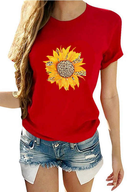 Leopard Sunflower Printed Short-Sleeved T-Shirt