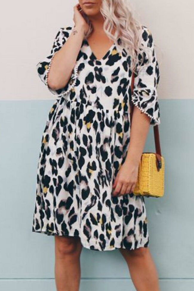 Leopard Printed Flare Sleeve Knee Length Dress