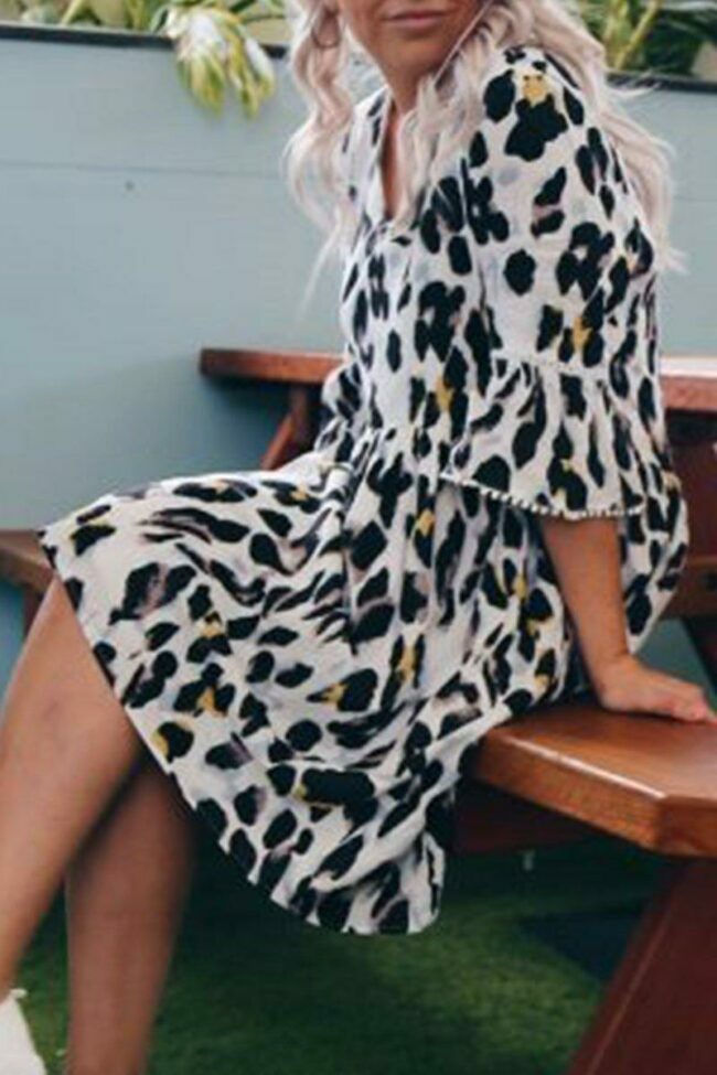 Leopard Printed Flare Sleeve Knee Length Dress