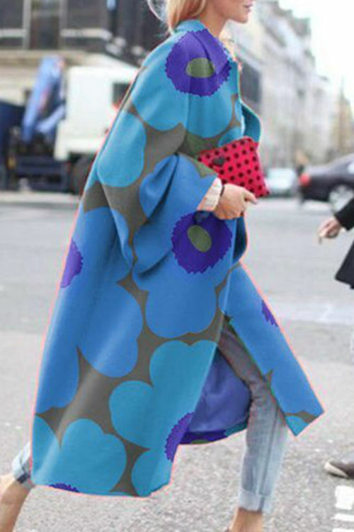 Long Flared Sleeve Printed Loose Trench Coat