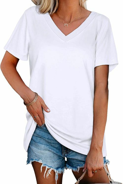 Loose Fashion Solid Color Ribbed V-Neck Short-Sleeved T-Shirt