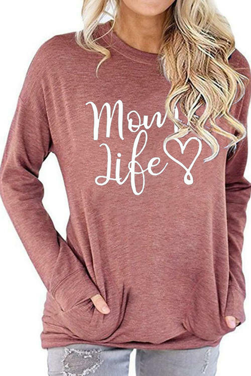 Mom Life Letter Love Pattern Printed Round Neck Long Sleeve T-Shirt