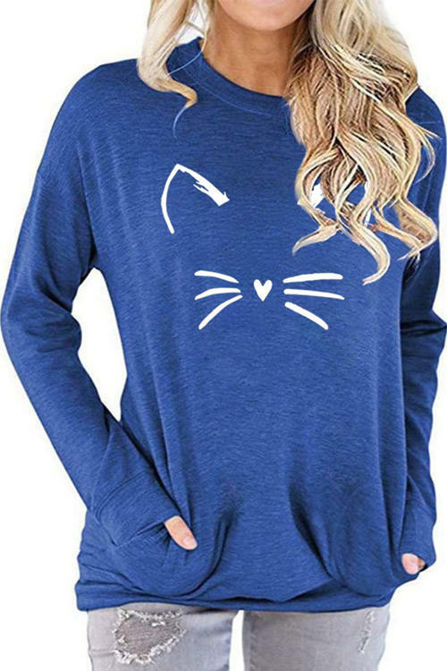 Meow Smiley Face Pattern Printed Long-Sleeved T-Shirt