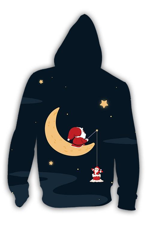 Moon Fishing Santa Print Long Sleeve Hoodie
