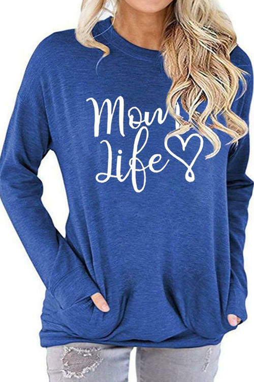 Mom Life Letter Love Pattern Printed Round Neck Long Sleeve T-Shirt