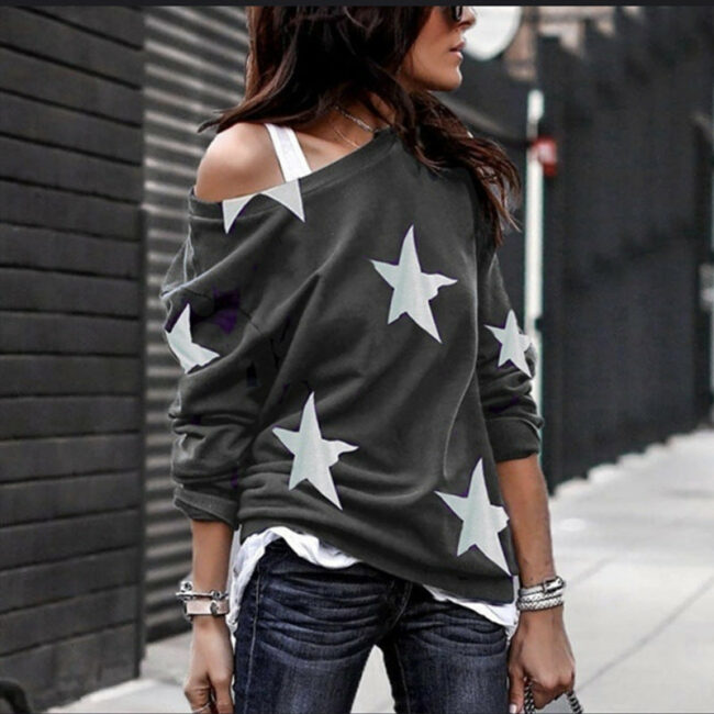 O Neck Star Printed Long Sleeve Black T-Shirt (3 Colors)