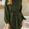 O Neck Long Sleeve Solid Color Dress
