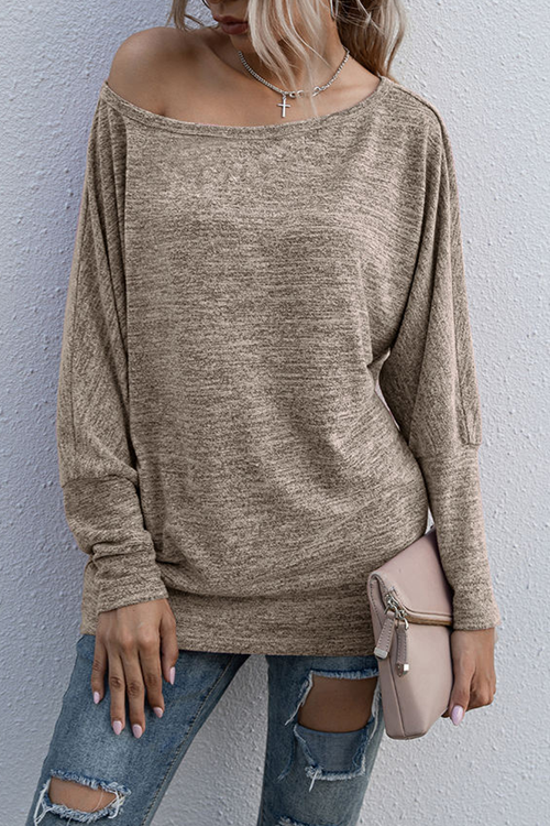One-Word Neck Long-Sleeved T-Shirt Casual Loose Blouse