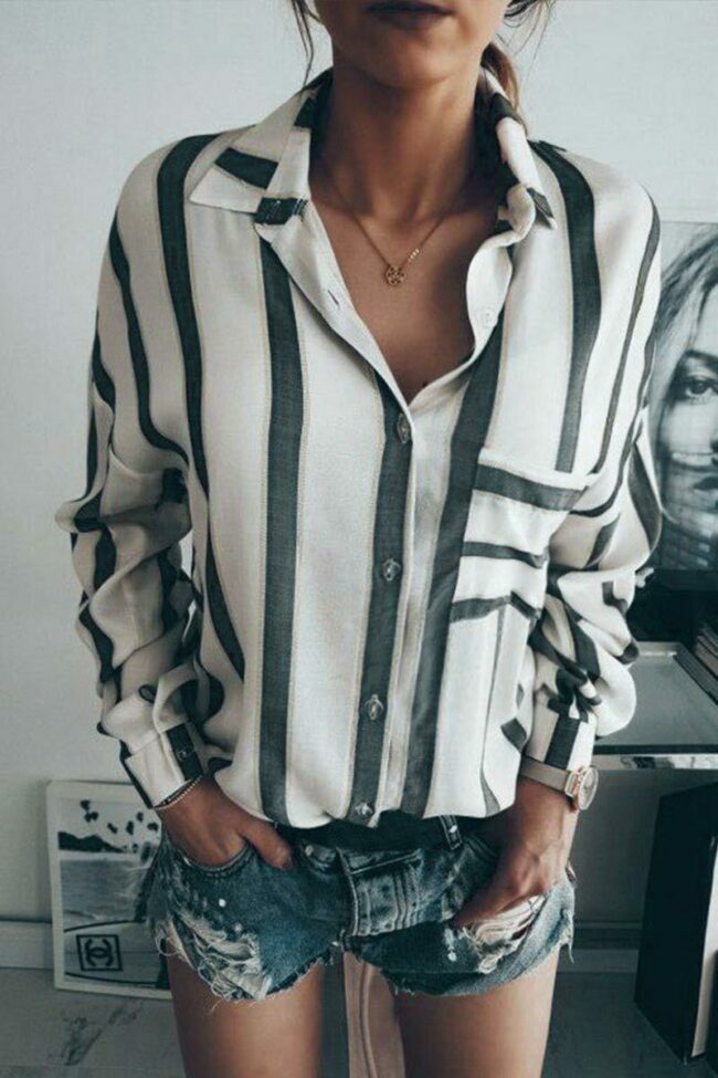 Pocket Design Striped White Shirt