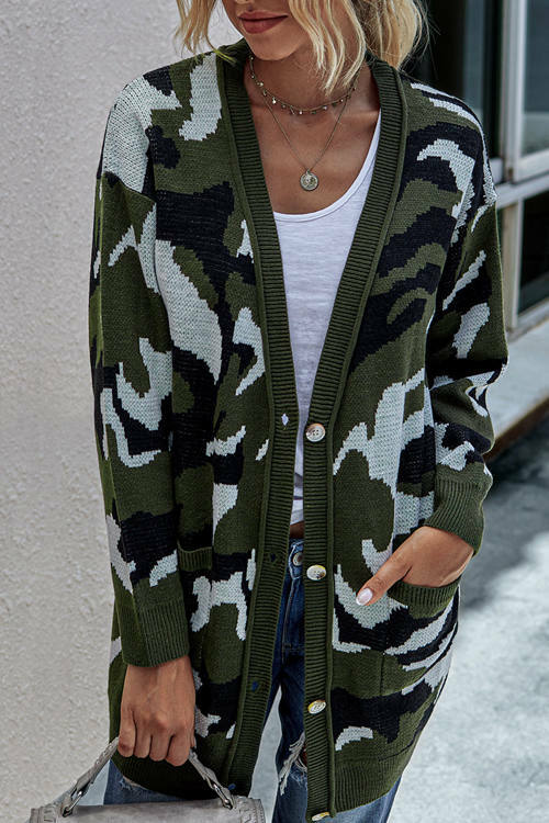 Camouflage Mid-Length Knitted Cardigan