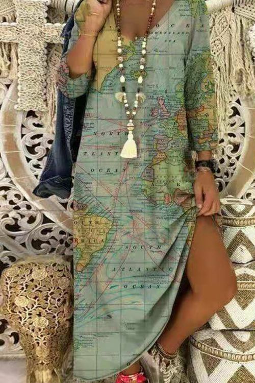 Casual 3/4 Sleeve Abstract V Neck Map Dresses