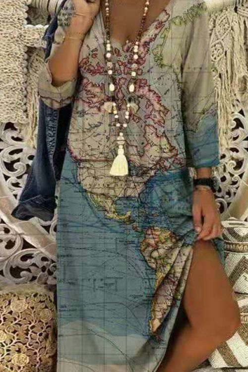 Casual 3/4 Sleeve Abstract V Neck Map Dresses