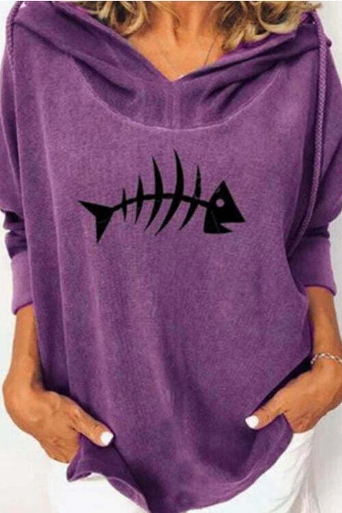 Printed Fish Bone Loose Long Sleeve Casual Pullover