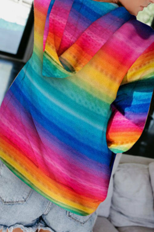 Rainbow Print Hooded Pocket  Casual Coat