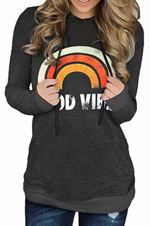 Rainbow Print Loose-Fitting Hooded Sweatshirt