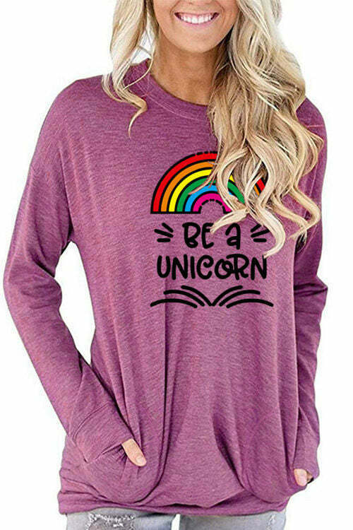 Rainbow Print Loose Round Neck Long Sleeve Shirt