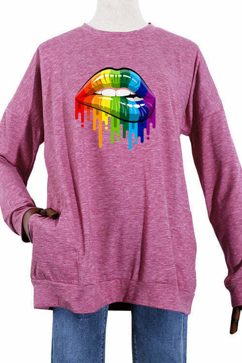 Rainbow Lip Pattern Print Loose Round Meck Long Sleeve Shirt