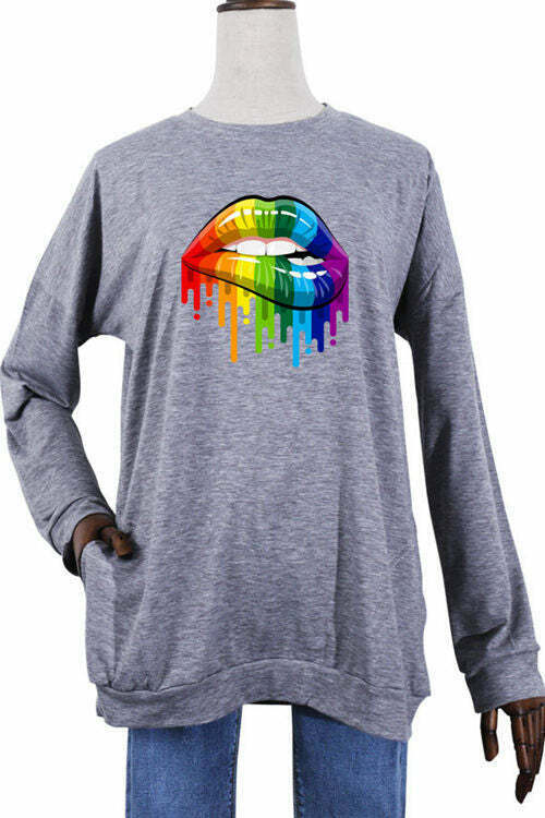 Rainbow Lip Pattern Print Loose Round Meck Long Sleeve Shirt