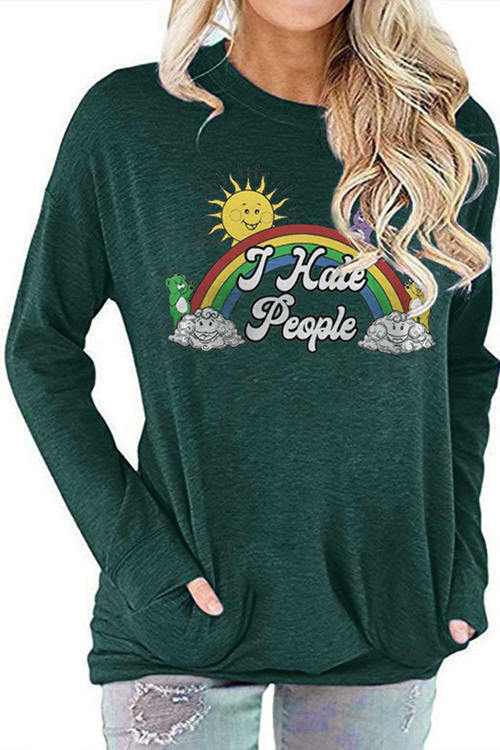 Rainbow Round Neck Long Sleeve Pocket T-Shirt