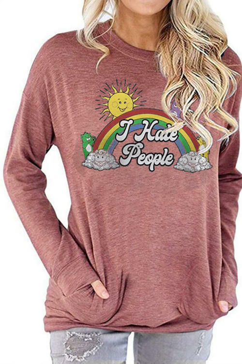 Rainbow Round Neck Long Sleeve Pocket T-Shirt