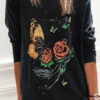 Round Neck Butterfly Flower Loose Print T-Shirt
