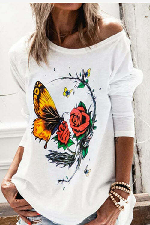 Round Neck Butterfly Flower Loose Print T-Shirt